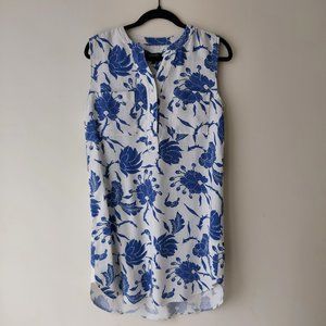 AUGUST BLUE WHITE FLORAL SHELL BUTTONS LINEN DRESS SZ 32